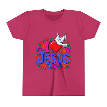 Youth Tee — "I  Jesus" Colorful Dove & Floral Christian Shirt