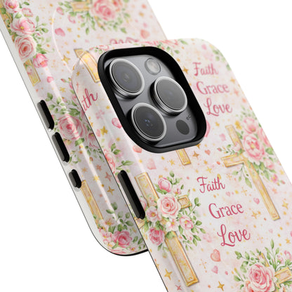 Faith Grace Love Tough Magnetic Phone Case — Floral Cross Protective Cover