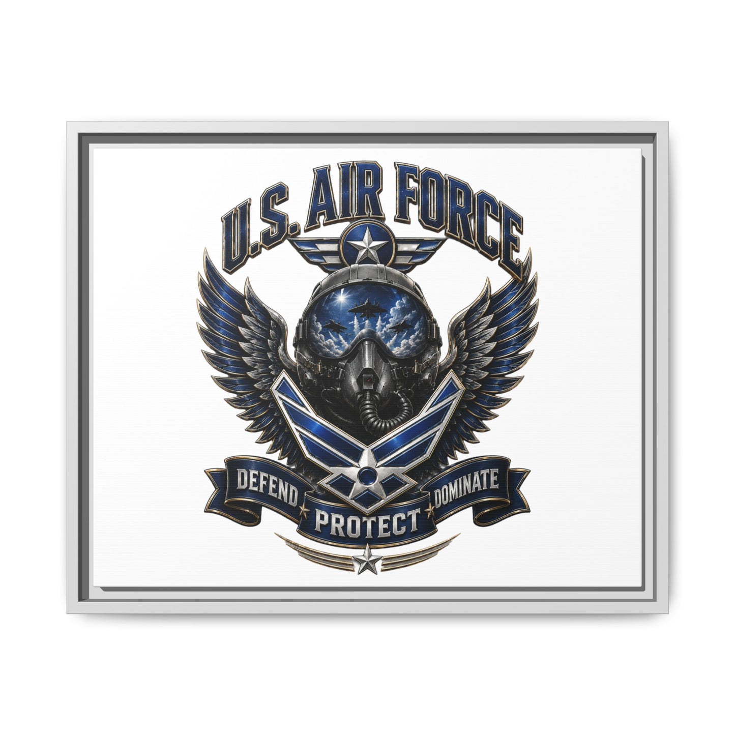 U.S. Air Force Emblem Framed Canvas Print – "Defend Protect Dominate" Military Wall Art