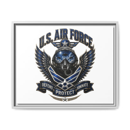 U.S. Air Force Emblem Framed Canvas Print – "Defend Protect Dominate" Military Wall Art