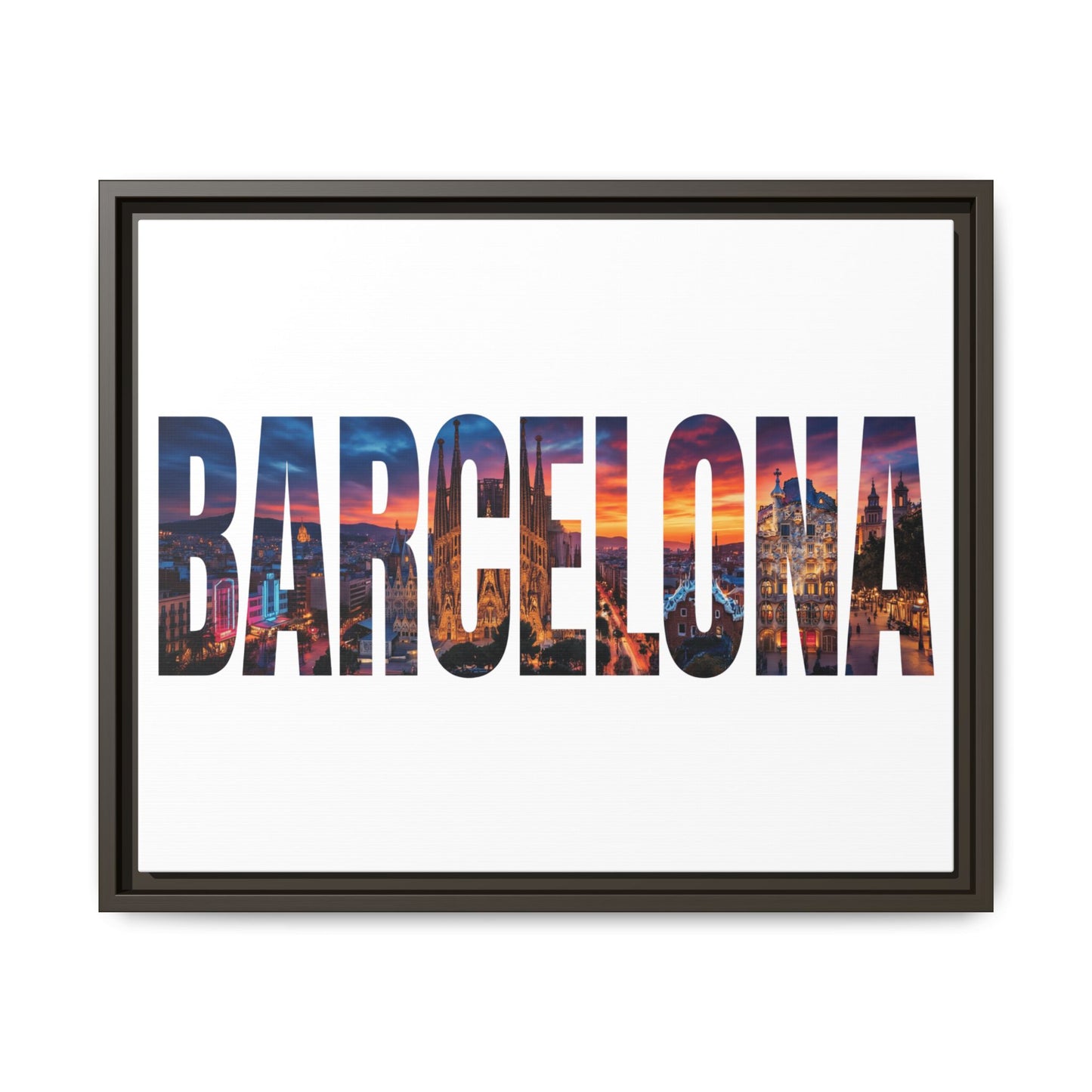 Barcelona Photo-Text Matte Canvas Print — Framed Cityscape Wall Art