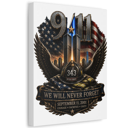 9/11 Memorial Stretched Canvas — "We Will Never Forget" Tribute Art (September 11, 2001)