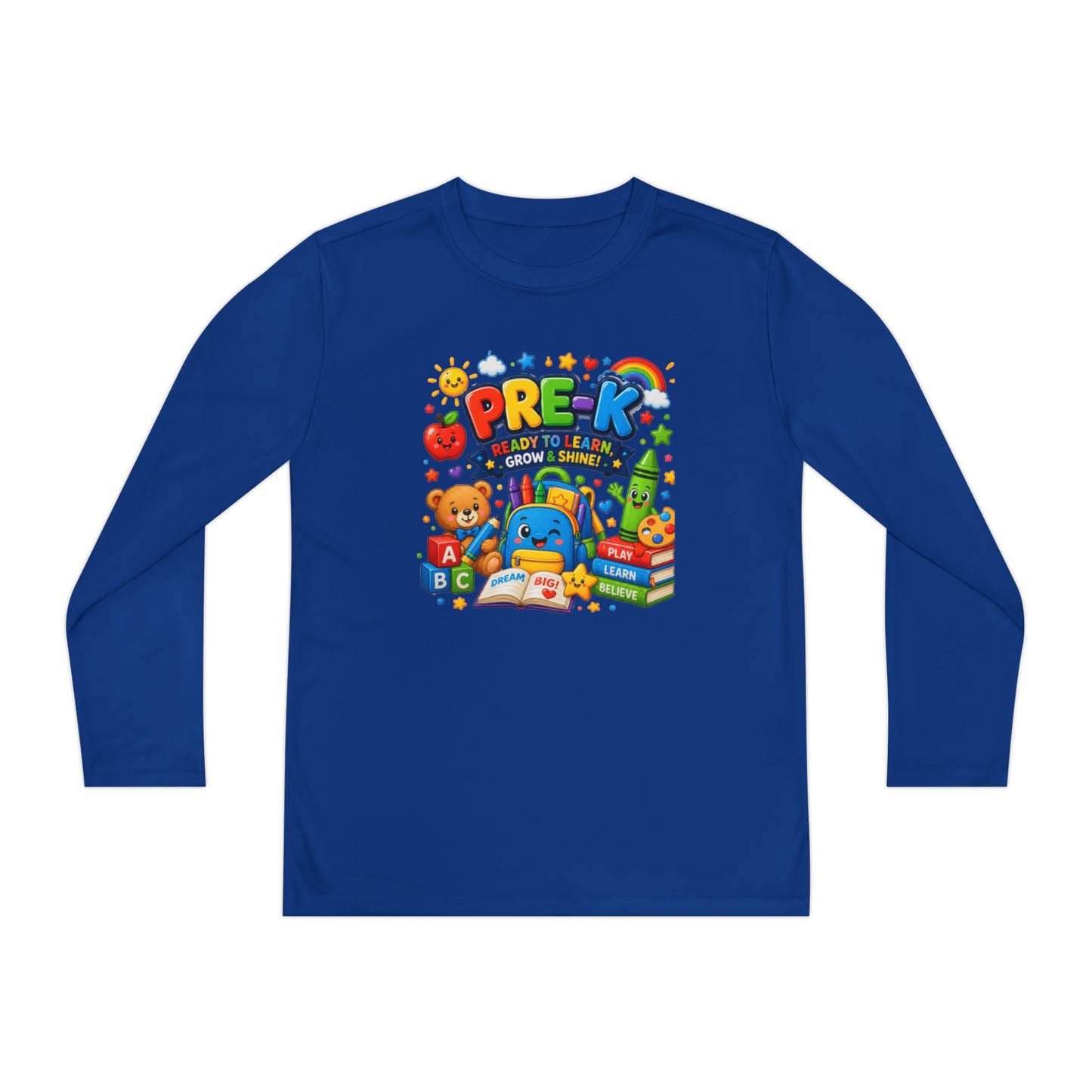 PRE-K Kids Long Sleeve Tee — Back-to-School Preschool Shirt ("Ready to Learn, Grow & Shine")