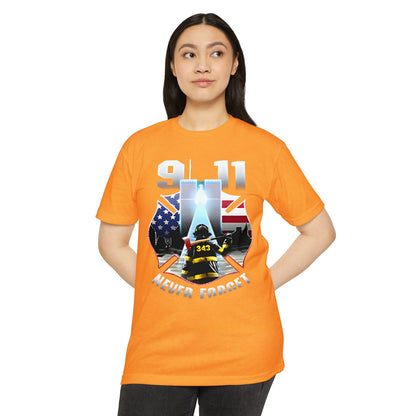 9/11 Never Forget T-Shirt — Firefighter Tribute Tee with Twin Towers & American Flag