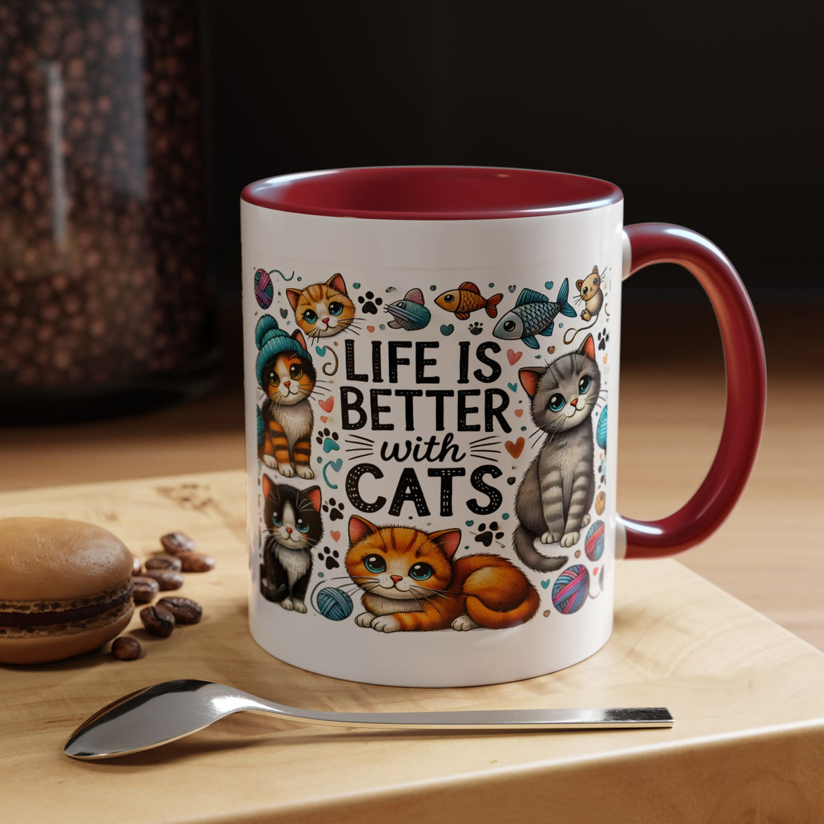 Life Is Better With Cats Accent Coffee Mug – Cute Kitten Ceramic Tea Cup (11/15oz)