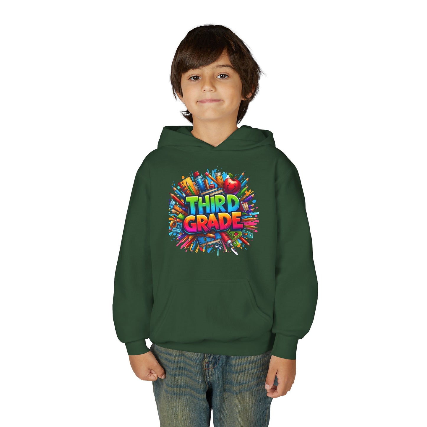Third Grade Kids Hoodie — Colorful School Supplies Back-to-School Sweatshirt