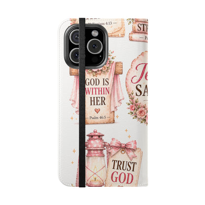 Christian Floral Phone Flip Case — "Jesus Saves" & Inspirational Scripture Wallet Cover
