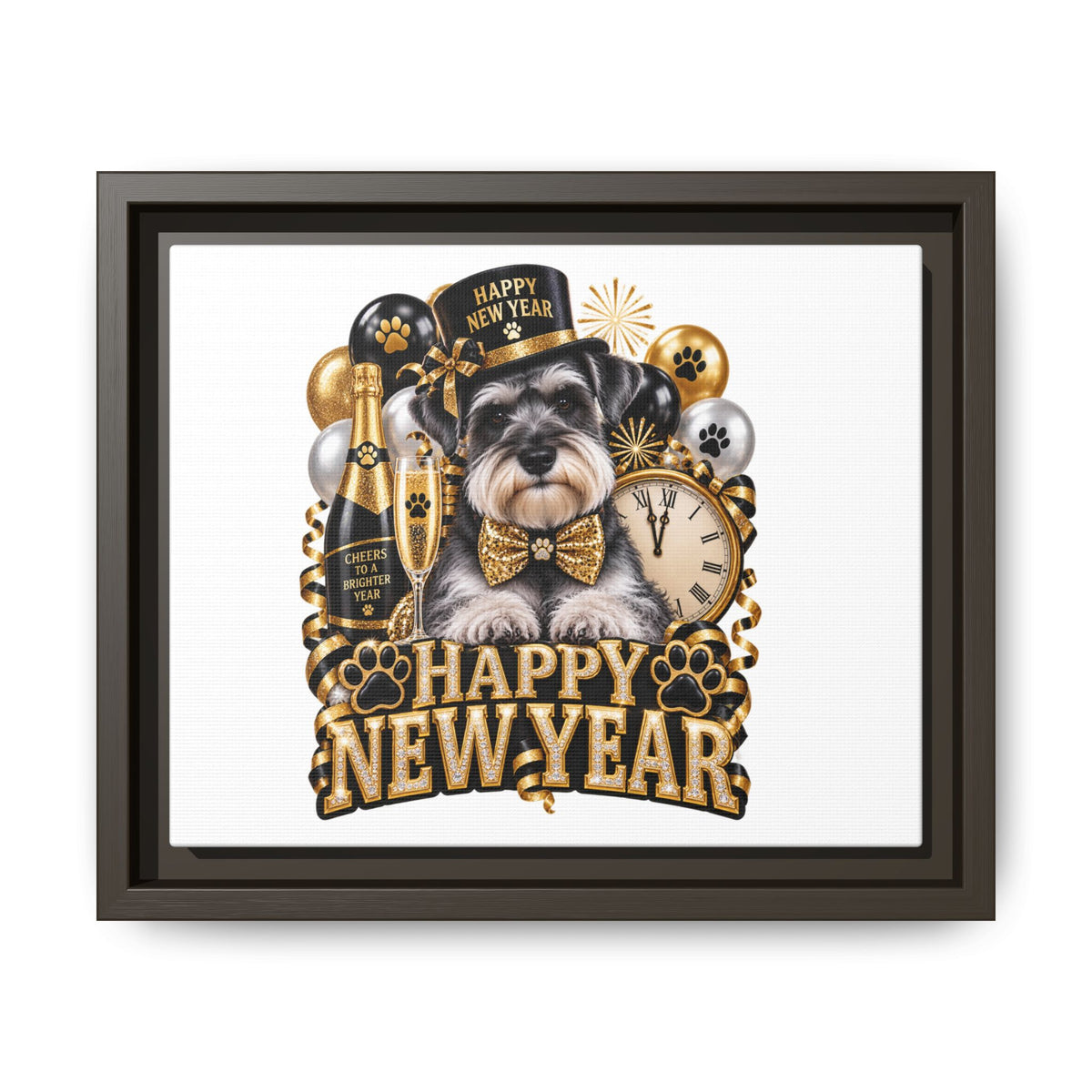 Happy New Year Schnauzer Matte Canvas Framed Art