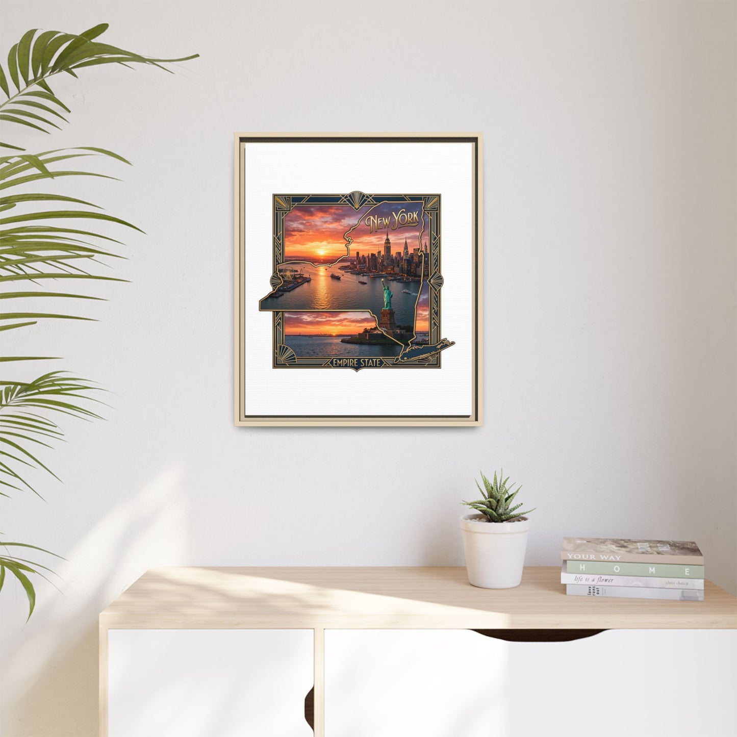 Framed Matte Canvas Wall Art — New York City Sunset Skyline with Statue of Liberty