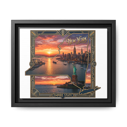 Framed Matte Canvas Wall Art — New York City Sunset Skyline with Statue of Liberty