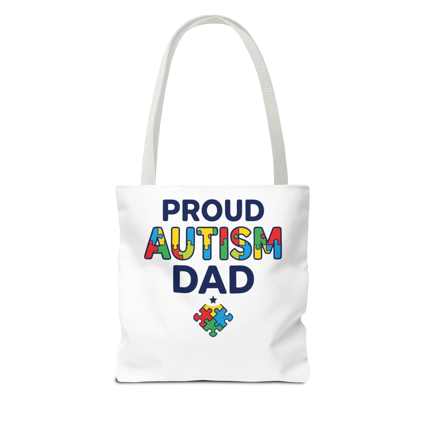 Proud Autism Dad Tote Bag — Colorful Puzzle-Heart Support Gift