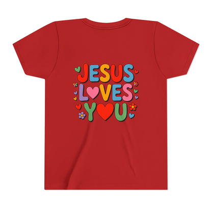 Youth Tee - "Jesus Loves You" Colorful Heart & Flower Christian Shirt