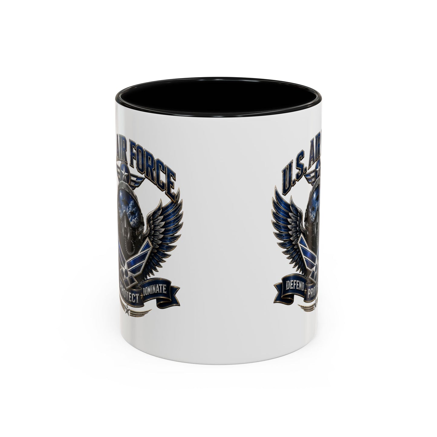 U.S. Air Force Emblem Accent Coffee Mug — Defend Protect Dominate (11/15oz)