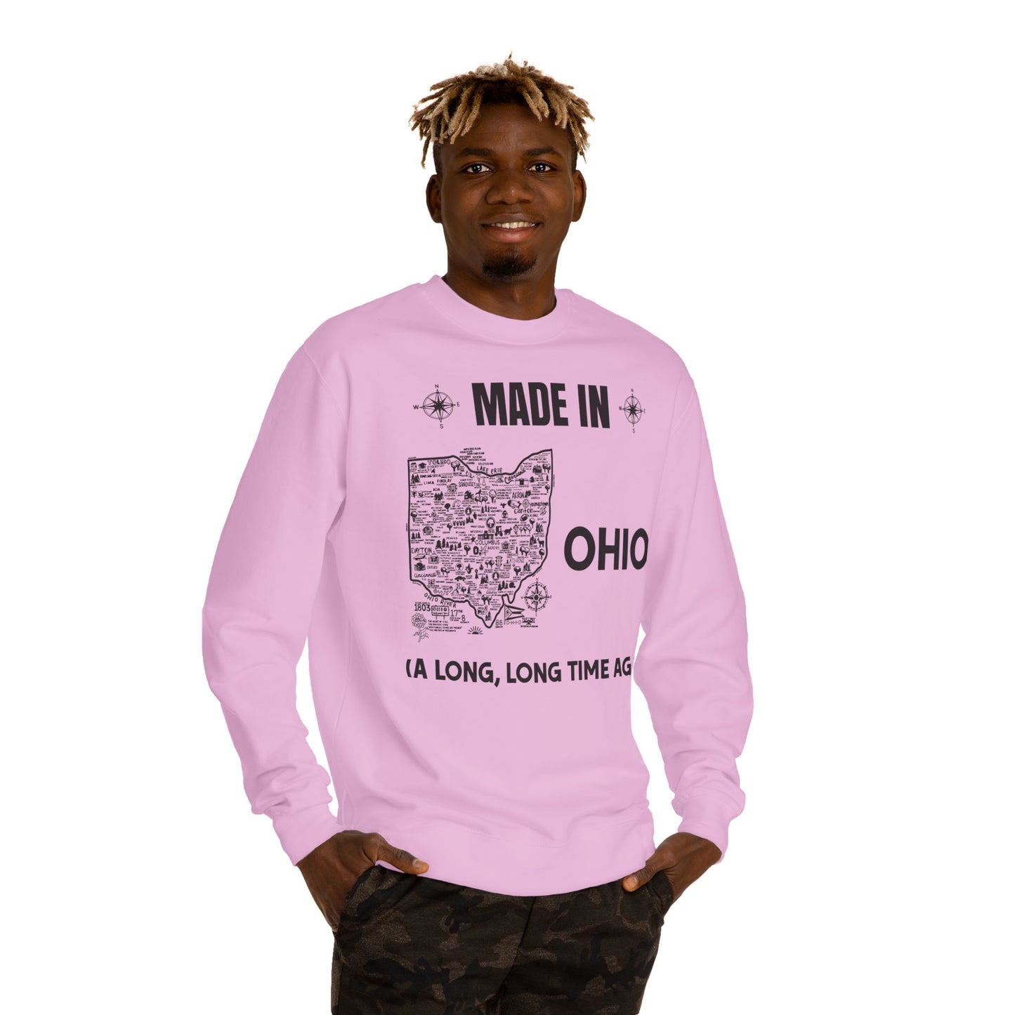 Made in Ohio Crewneck Sweatshirt — Vintage State Map "A Long, Long Time Ago"