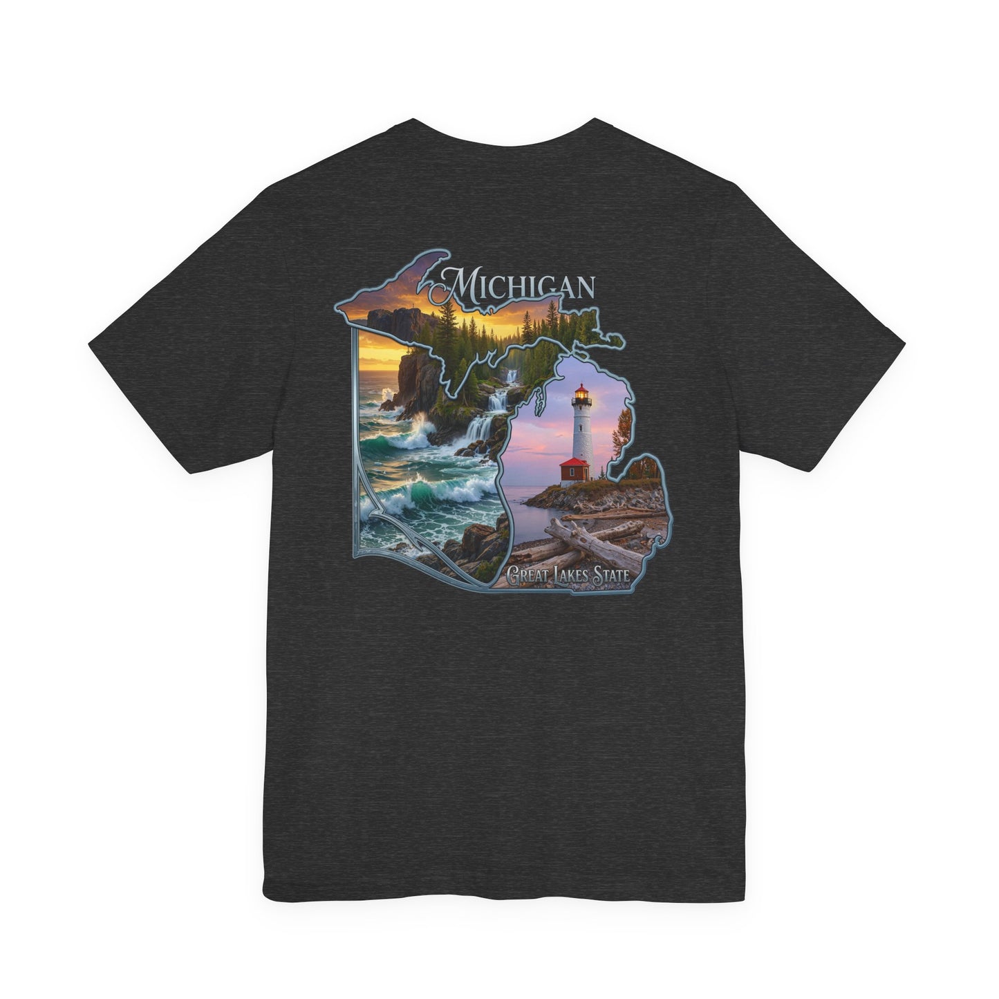 Michigan Scenic Map T-Shirt — Great Lakes Lighthouse Sunset Tee