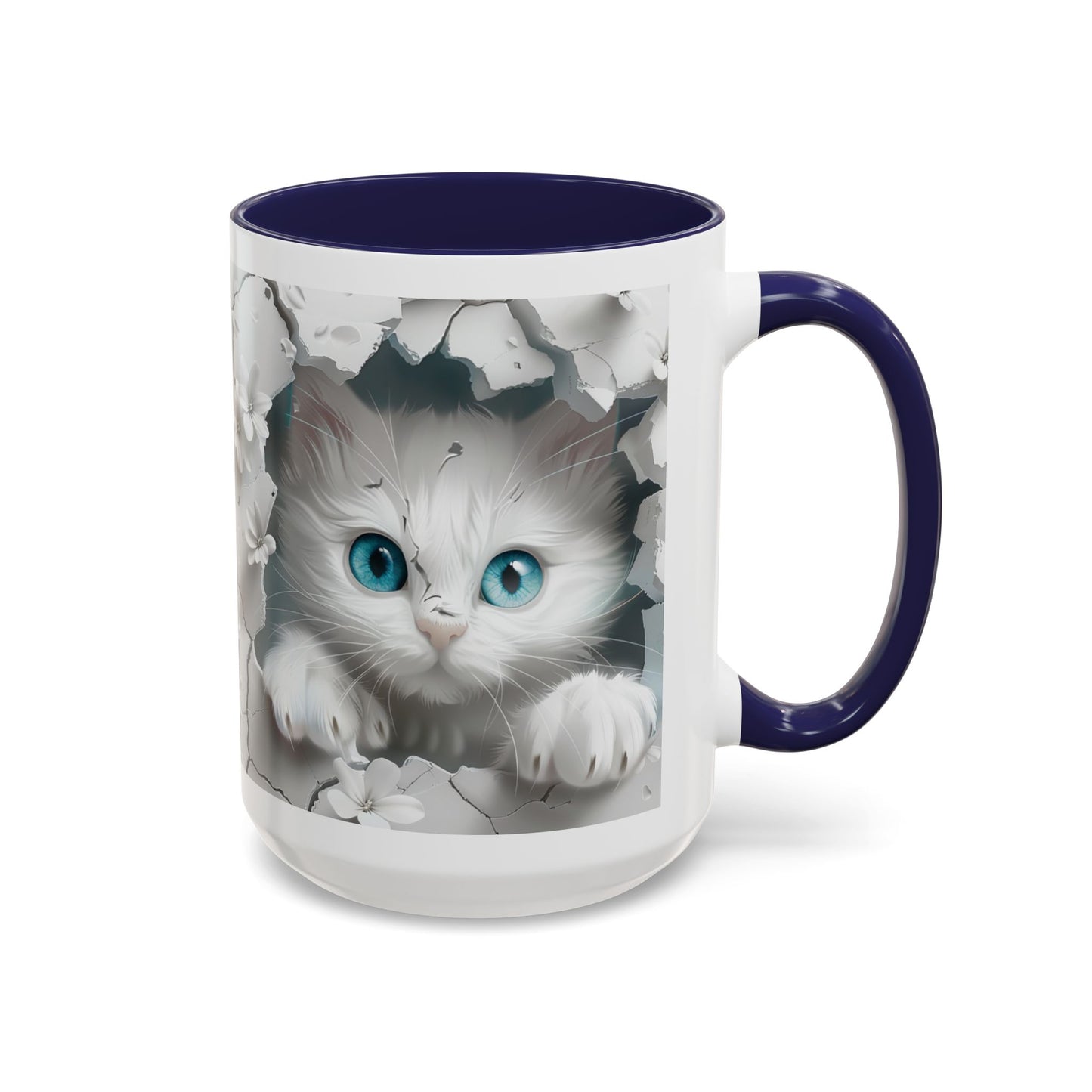 Cute Blue-Eyed Kitten Accent Coffee Mug – Floral Peekaboo Cat Design (11/15 oz)