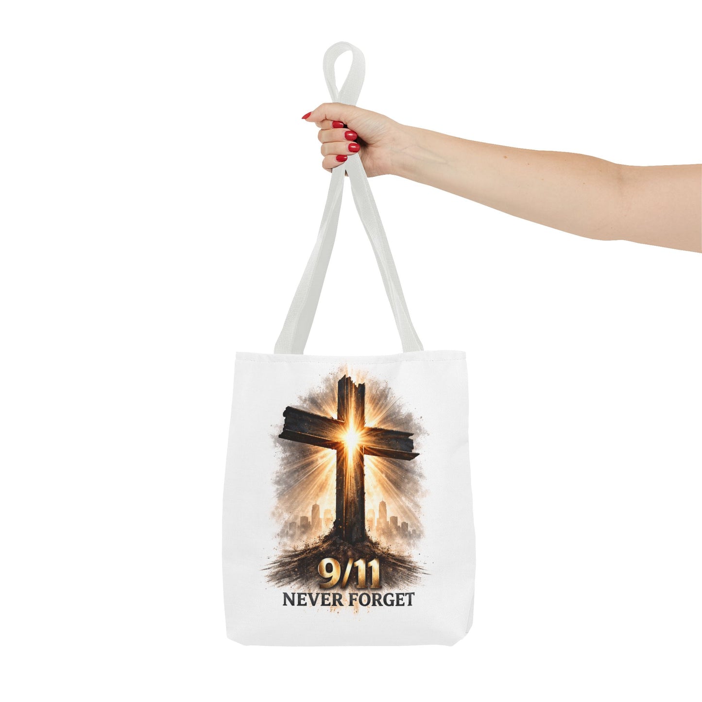 9/11 Never Forget Cross Memorial Tote Bag — Patriotic Remembrance Shopper