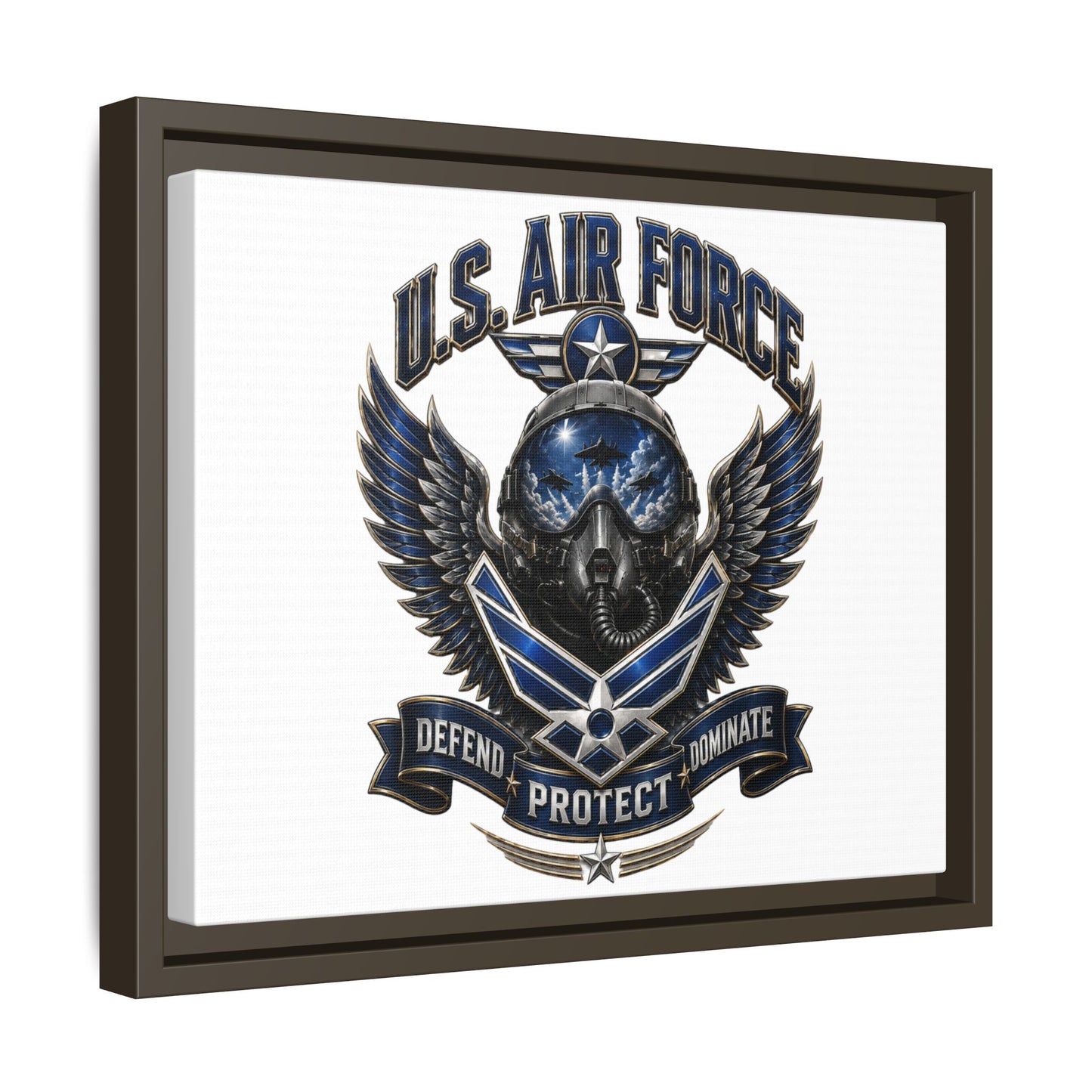 U.S. Air Force Emblem Framed Canvas Print – "Defend Protect Dominate" Military Wall Art