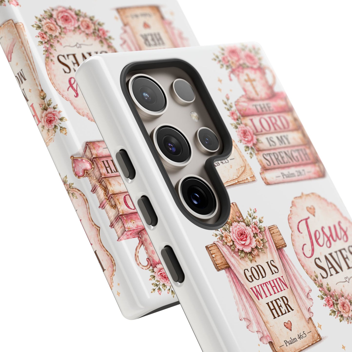 Christian Phone Case — Jesus Saves Floral Tough Case with 'God Is Within Her' & 'Trust God' Design