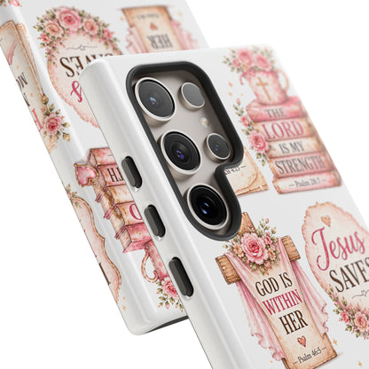 Christian Phone Case — Jesus Saves Floral Tough Case with 'God Is Within Her' & 'Trust God' Design
