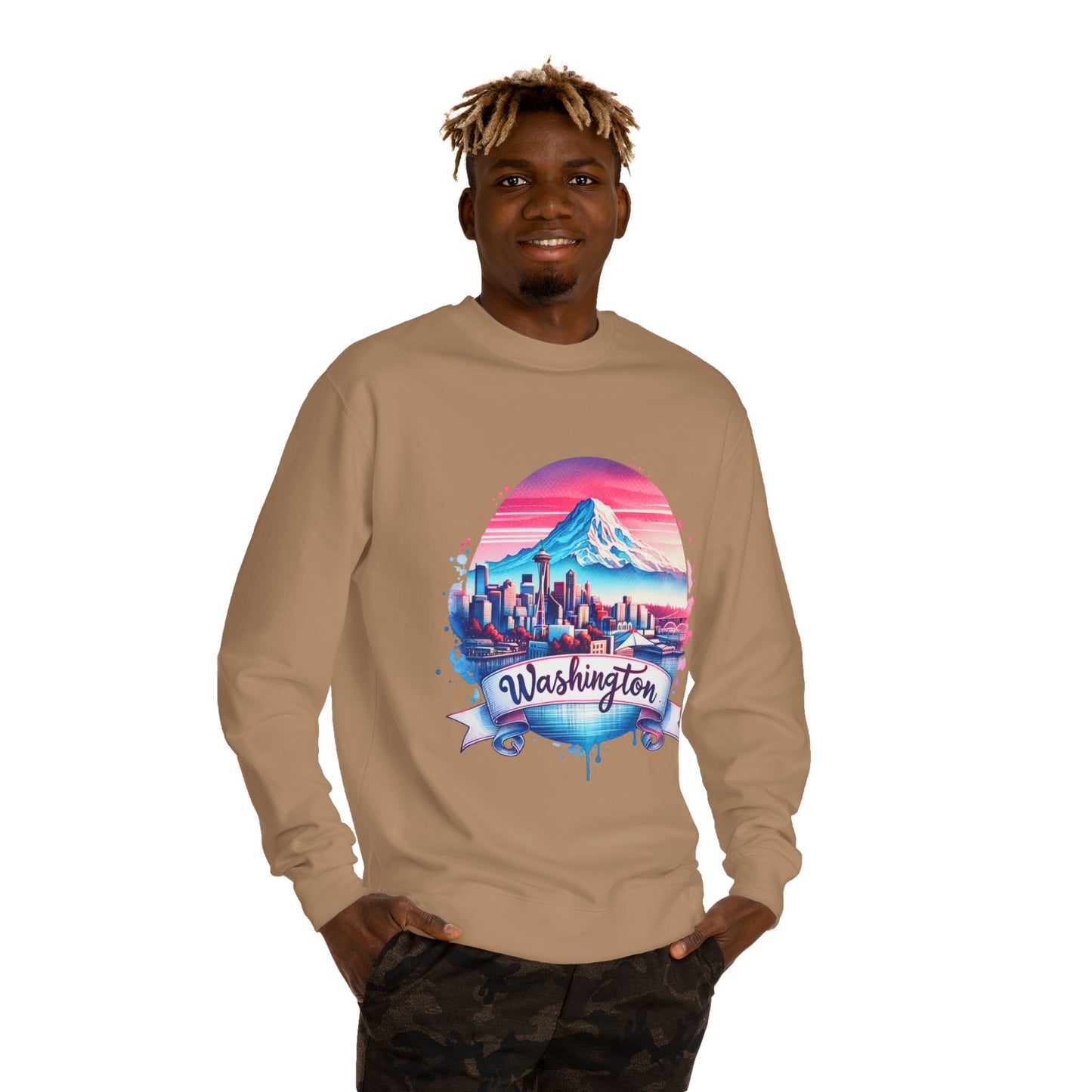 Washington Scenic Crewneck Sweatshirt — Mountain & City Skyline Design