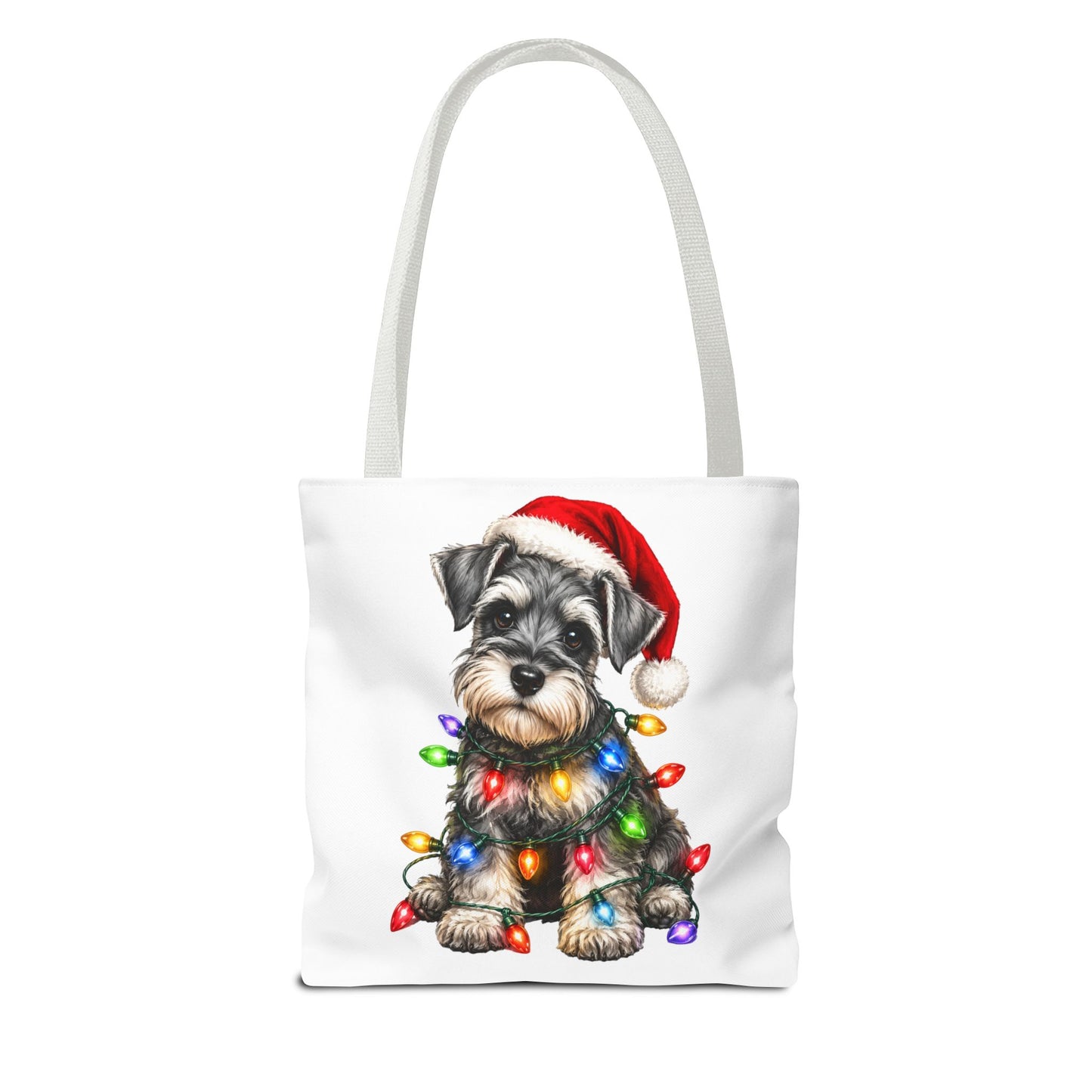 Christmas Schnauzer Tote Bag — Cute Puppy with Santa Hat & Holiday Lights