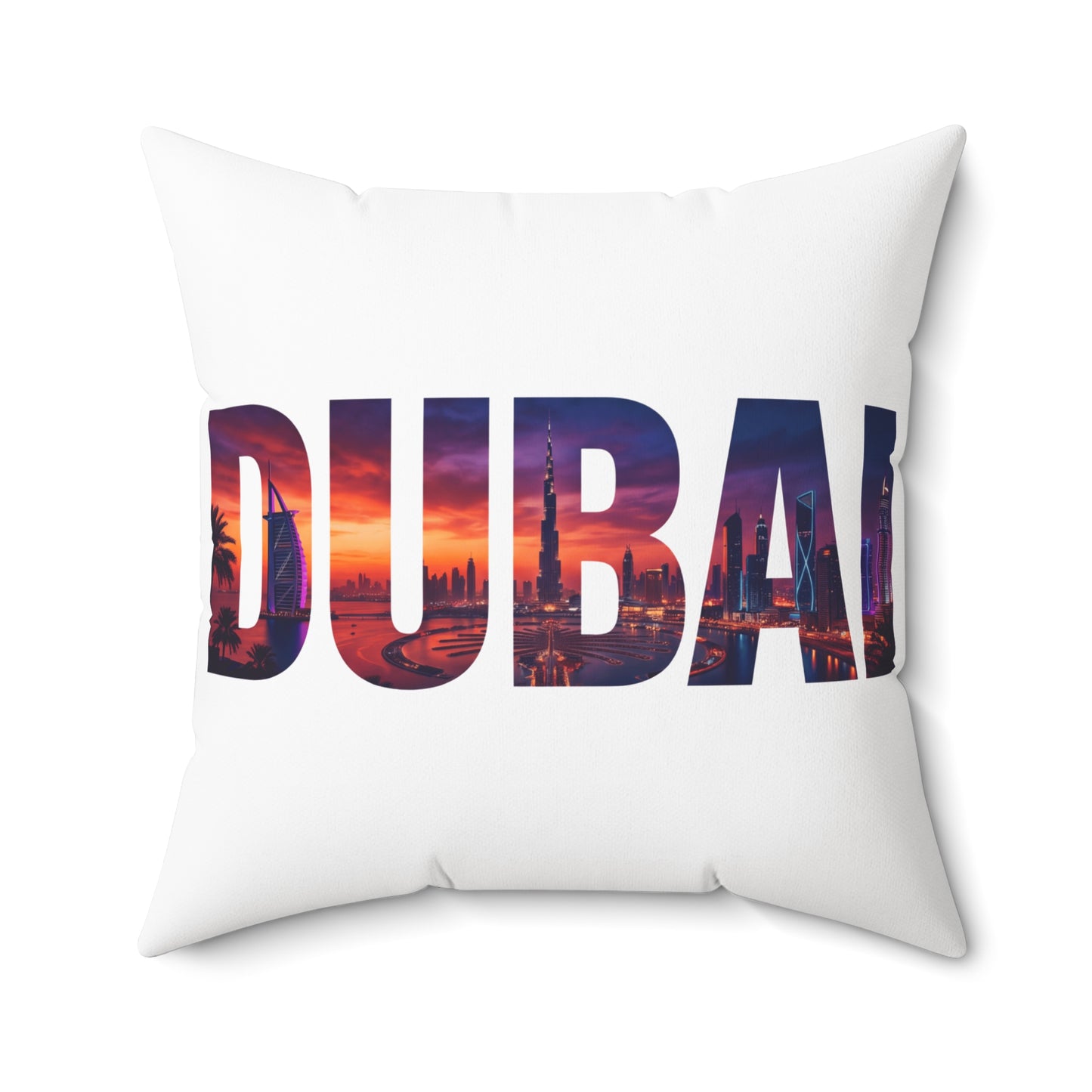 Dubai Skyline Photo-Text Throw Pillow — Travel Souvenir Decorative Cushion