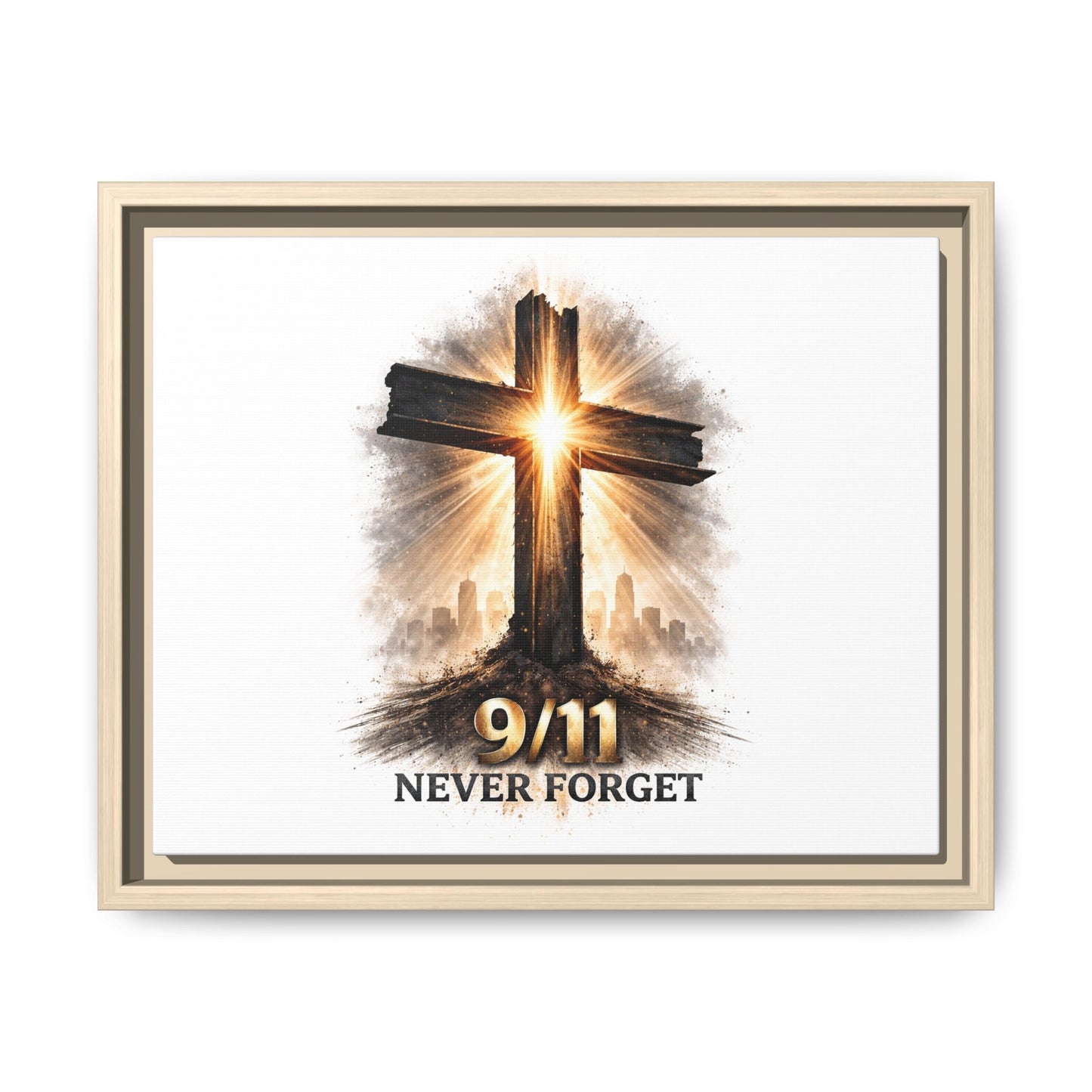 9/11 Never Forget Framed Canvas Wall Art — Memorial Cross Tribute
