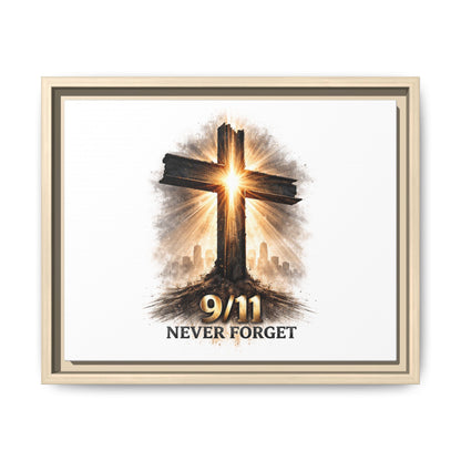 9/11 Never Forget Framed Canvas Wall Art — Memorial Cross Tribute