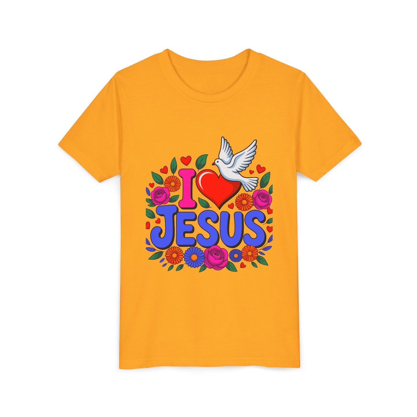 Youth Tee — "I  Jesus" Colorful Dove & Floral Christian Shirt