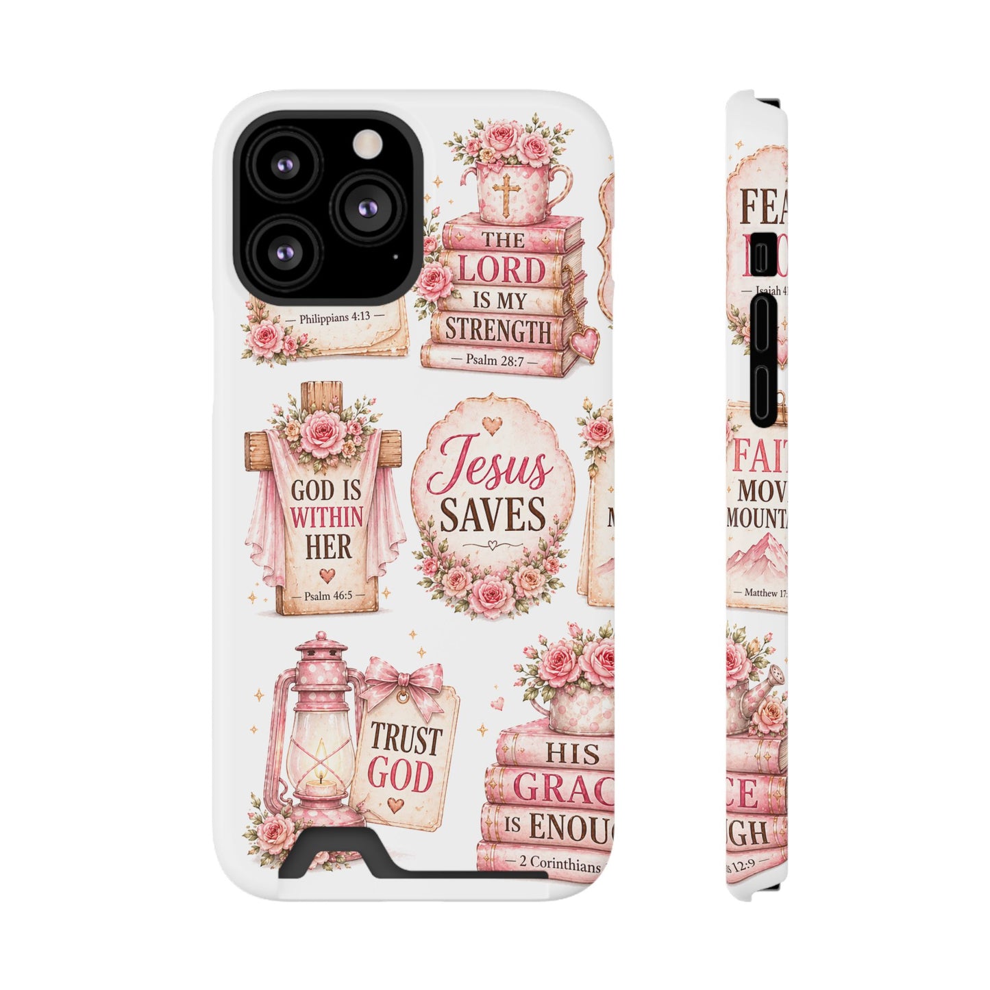 Christian Floral Phone Case with Card Holder — 'Jesus Saves' Inspirational Design