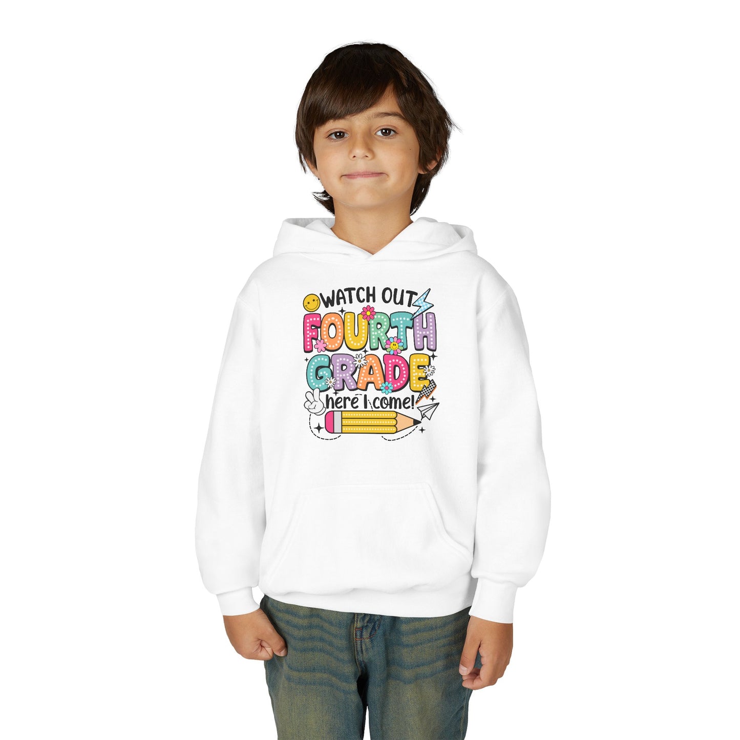 Fourth Grade Hoodie – "Watch Out Fourth Grade Here I Come" Kids Back-to-School Sweatshirt