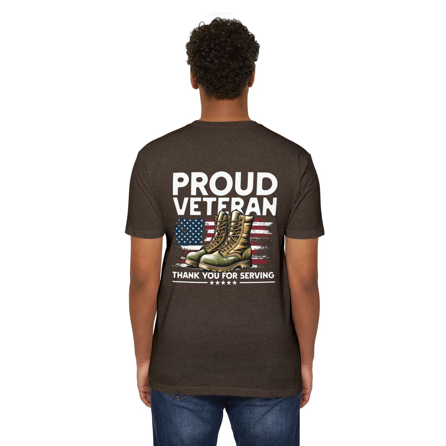 Proud Veteran T-Shirt — "Proud Veteran" with Military Boots & American Flag — Thank You for Serving