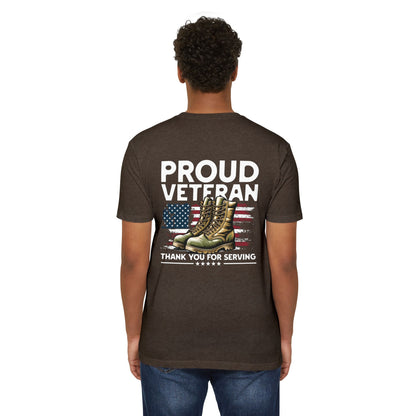 Proud Veteran T-Shirt — "Proud Veteran" with Military Boots & American Flag — Thank You for Serving