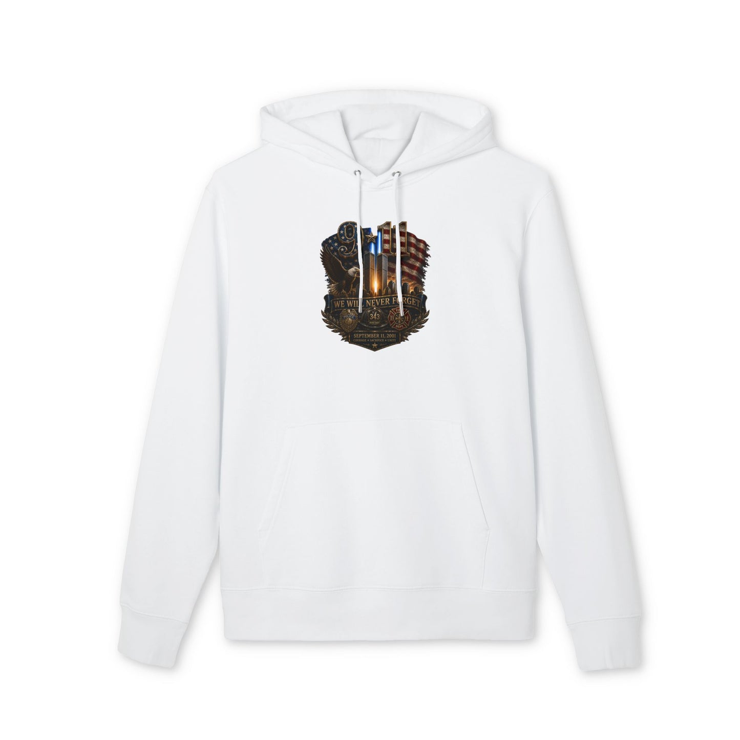 Patriotic Memorial Hoodie — "We Will Never Forget" American Flag & Thin Blue Line Design