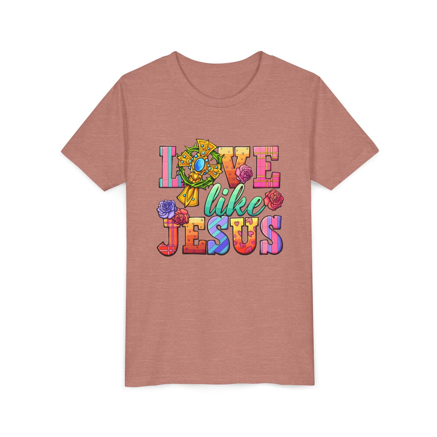 Youth Tee — "Love Like Jesus" Colorful Faith Graphic