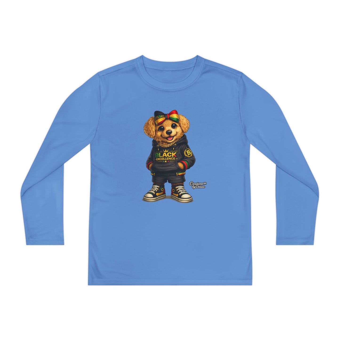 Youth Long Sleeve Tee — Trendy Bear Graphic "Black Excellence"