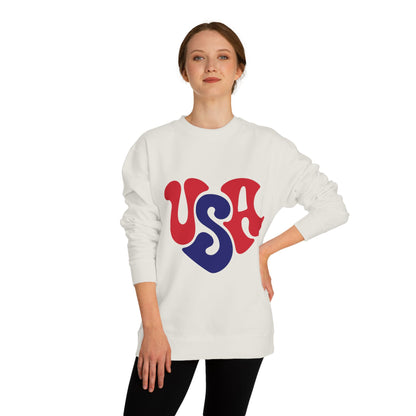 USA Heart Crewneck Sweatshirt — Retro Red & Blue Patriotic Pullover