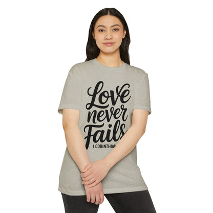 Love Never Fails T-Shirt — 1 Corinthians 13:8 Christian Faith Tee