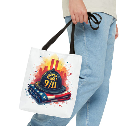 Never Forget 9/11 Memorial Tote Bag — Firefighter Helmet & Flag Tribute