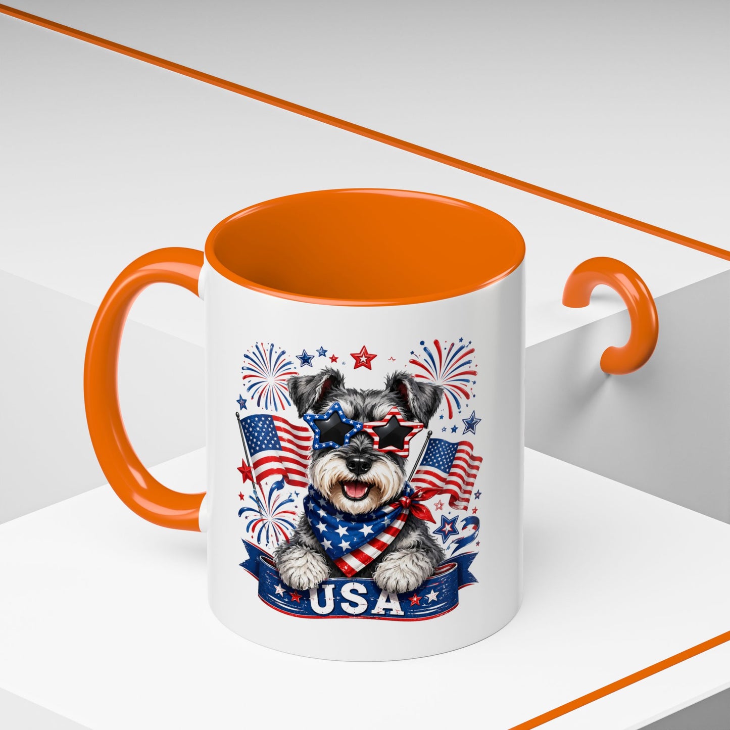 Patriotic Schnauzer Coffee Mug – USA Flag, Fireworks Accent Mug (11/15oz)