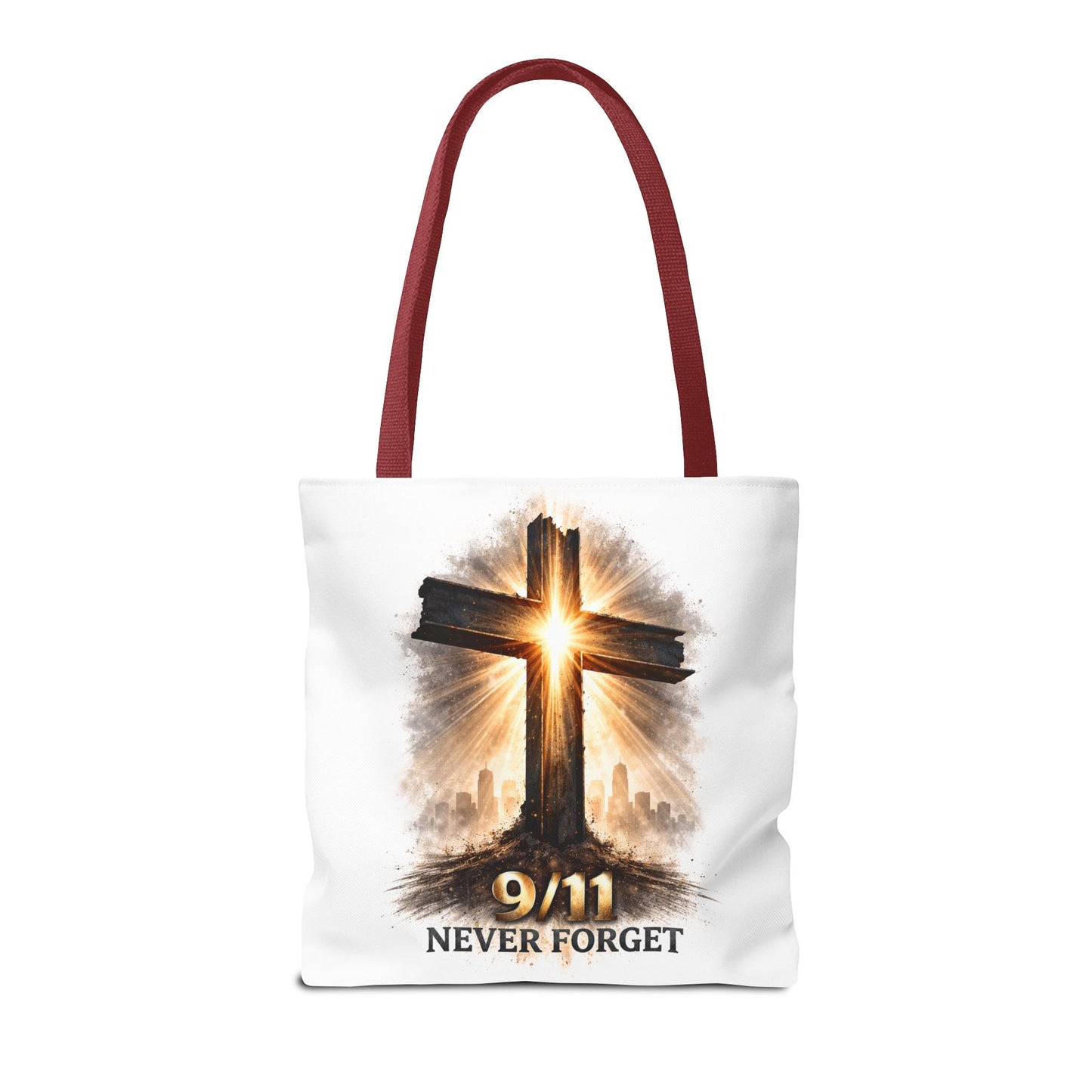 9/11 Never Forget Cross Memorial Tote Bag — Patriotic Remembrance Shopper