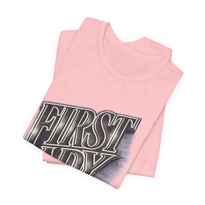 First Lady Graphic Tee — Retro Metallic Script Short Sleeve Shirt