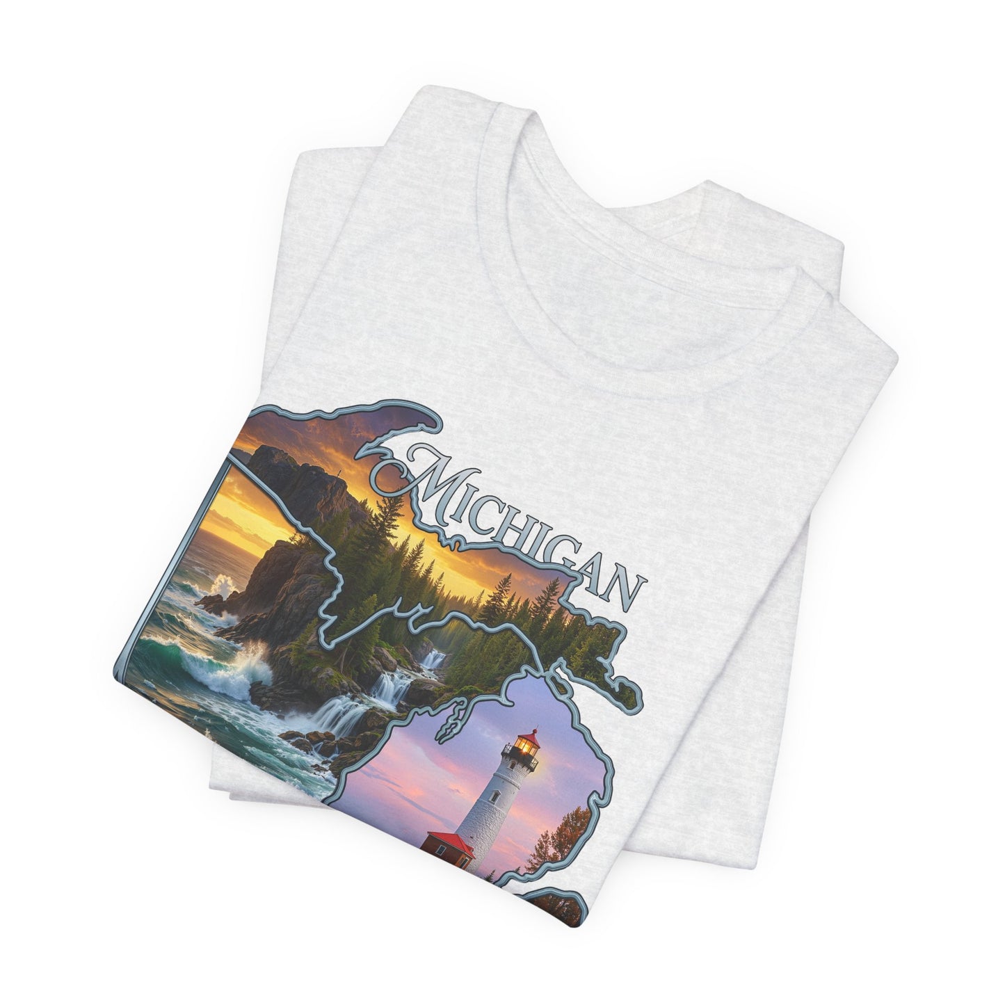 Michigan Scenic Map T-Shirt — Great Lakes Lighthouse Sunset Tee