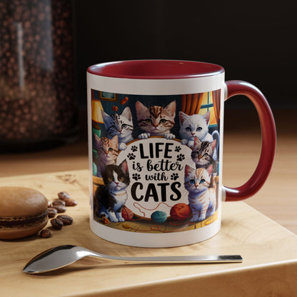 Life Is Better With Cats Accent Coffee Mug – Cute Kitten Cat Lover Gift (11/15oz)