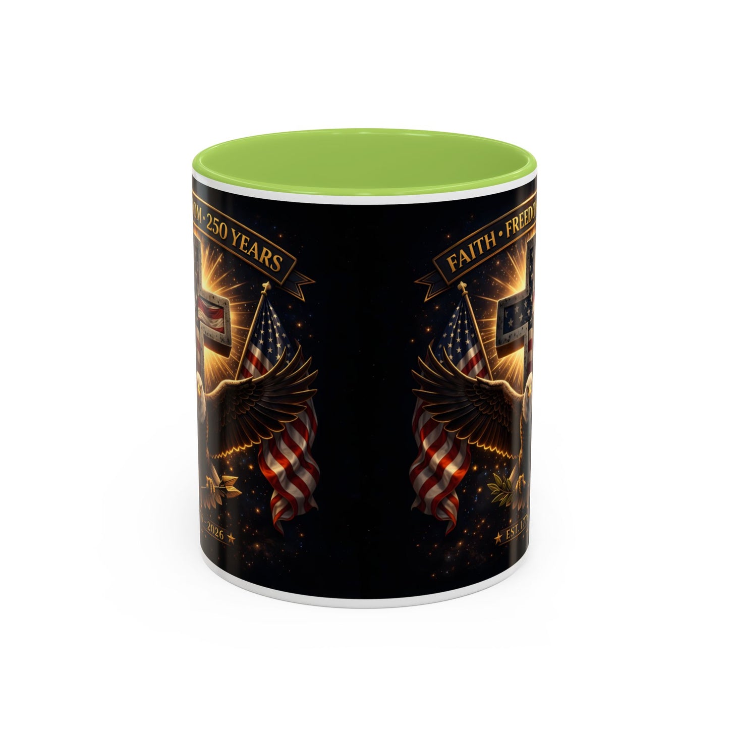 Patriotic Faith & Freedom Accent Coffee Mug — Eagle, Cross & American Flag (1776–2026)