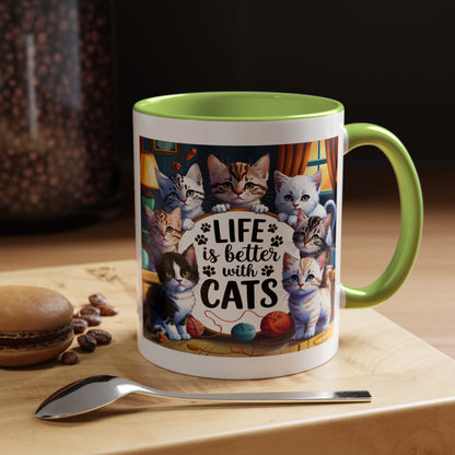 Life Is Better With Cats Accent Coffee Mug – Cute Kitten Cat Lover Gift (11/15oz)