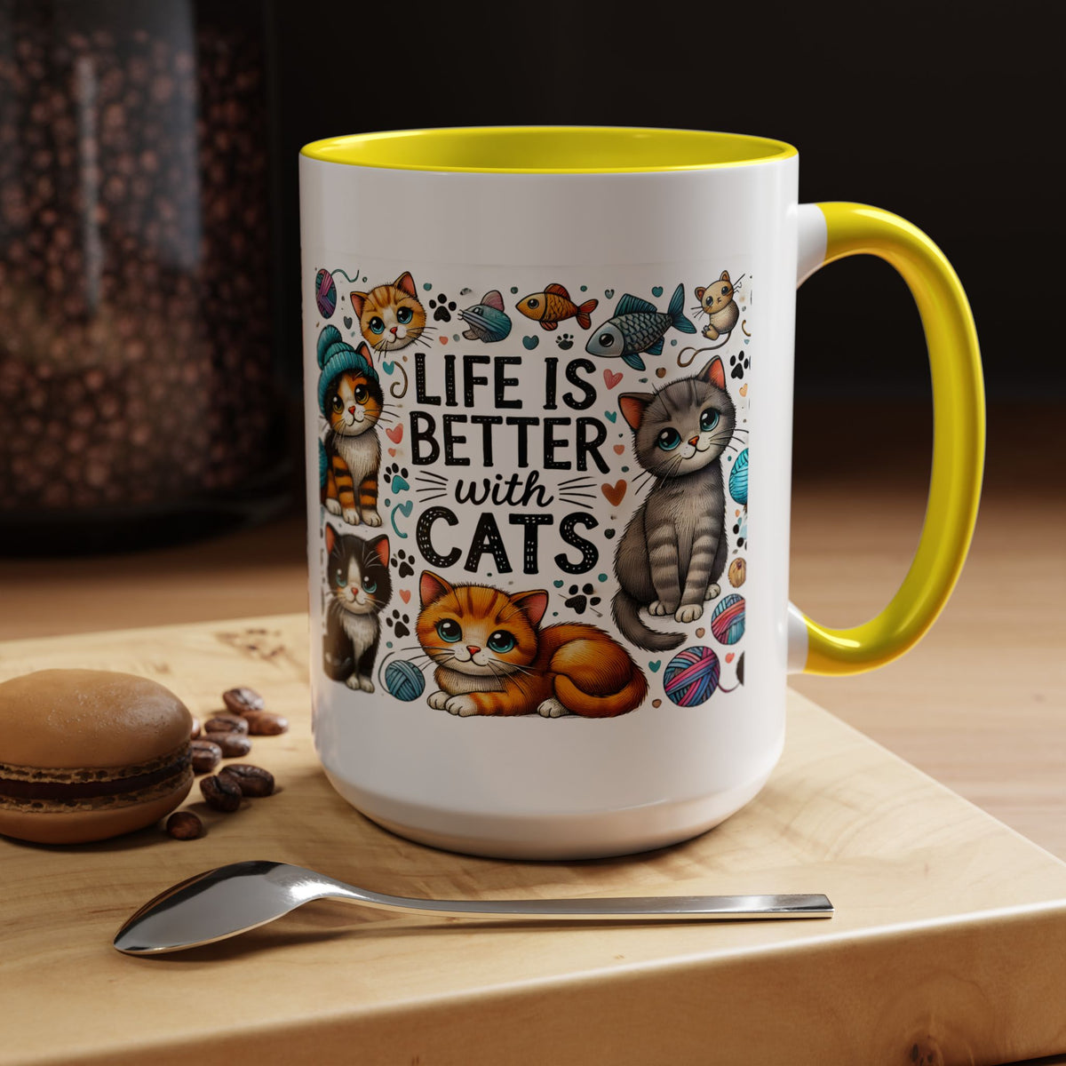 Life Is Better With Cats Accent Coffee Mug – Cute Kitten Ceramic Tea Cup (11/15oz)