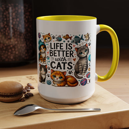 Life Is Better With Cats Accent Coffee Mug – Cute Kitten Ceramic Tea Cup (11/15oz)