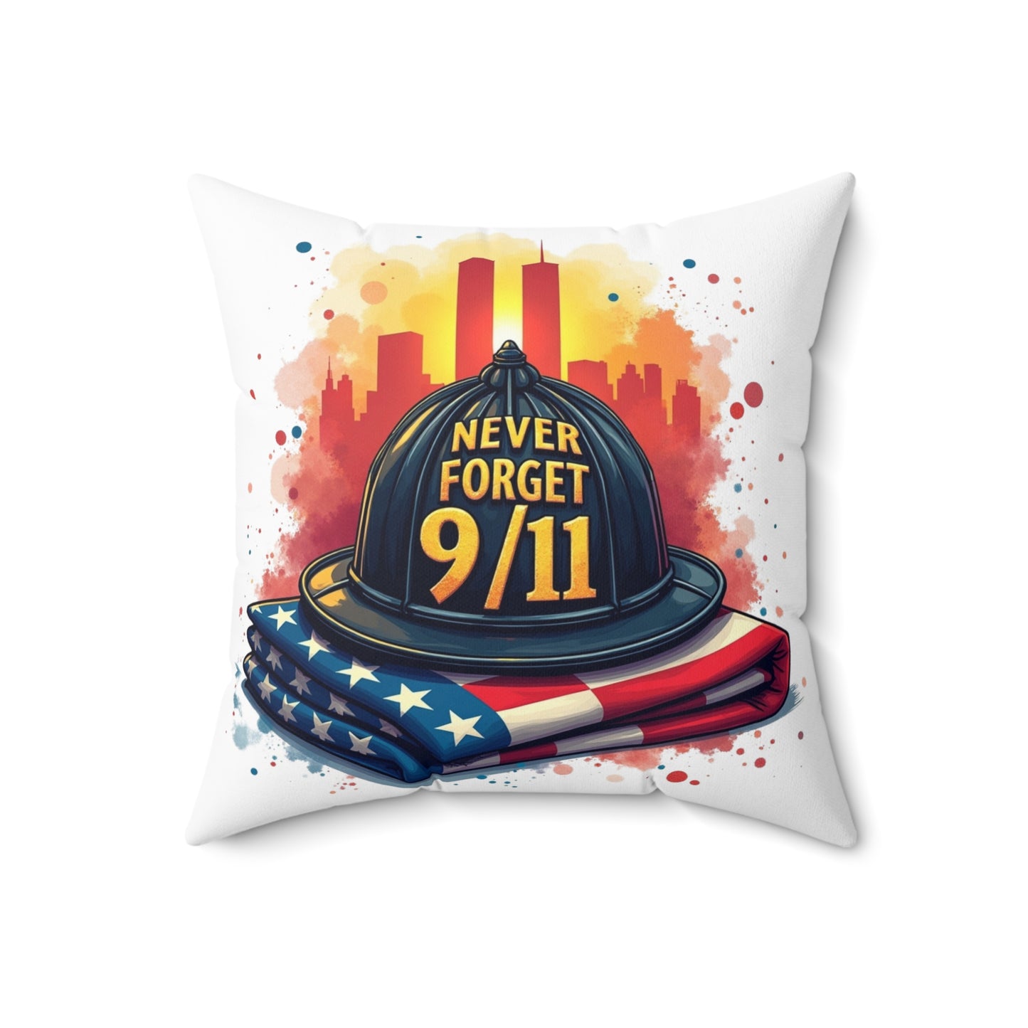 Never Forget 9/11 Memorial Throw Pillow — Firefighter Helmet & American Flag